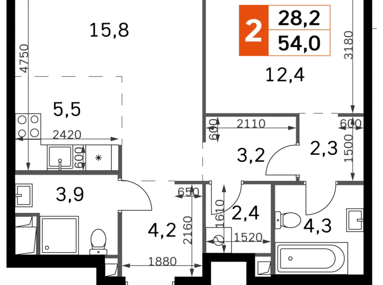 Wohnung 2 zimmer 54 m² Nordwestlicher Verwaltungsbezirk, Russland