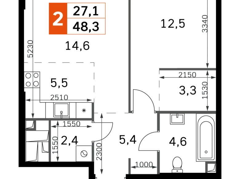 2 room apartment 48 m² North-Western Administrative Okrug, Russia