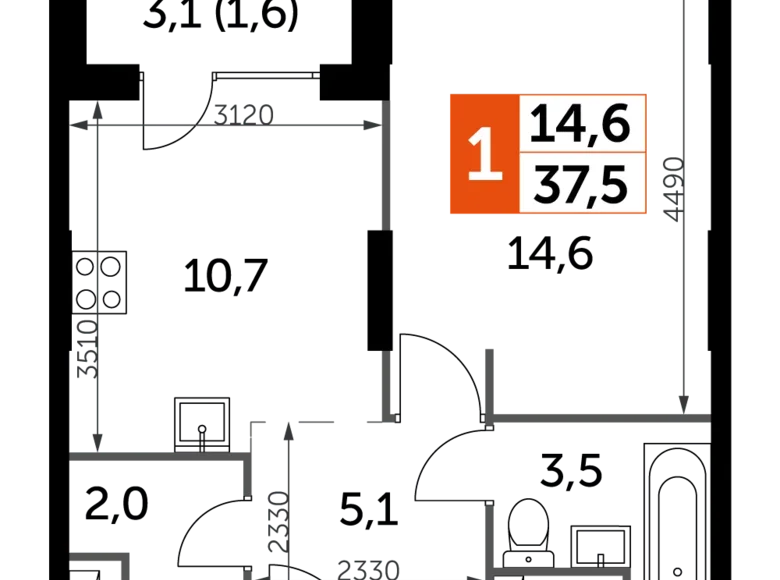 Квартира 1 комната 38 м² Северо-Западный административный округ, Россия