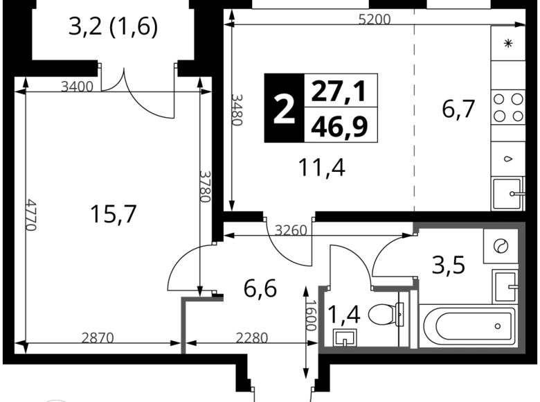 Mieszkanie 2 pokoi 47 m² rejon leniński, Rosja