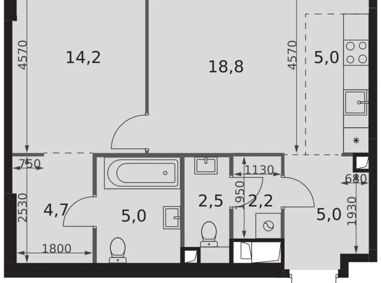 2 room apartment 57 m² Moscow, Russia