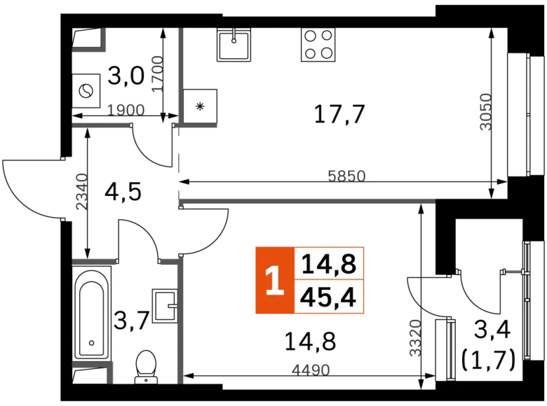 1 room apartment 46 m² Moscow, Russia