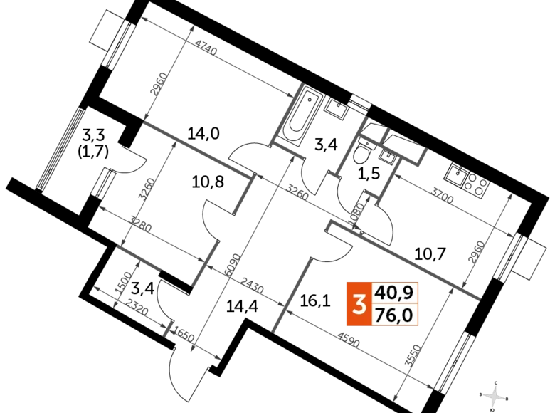 Квартира 3 комнаты 76 м² Развилка, Россия