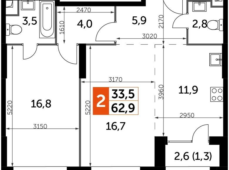 Квартира 2 комнаты 63 м² Северо-Западный административный округ, Россия