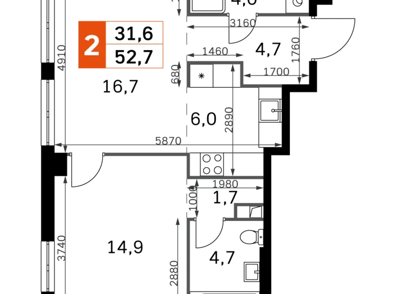 2 room apartment 53 m² North-Western Administrative Okrug, Russia