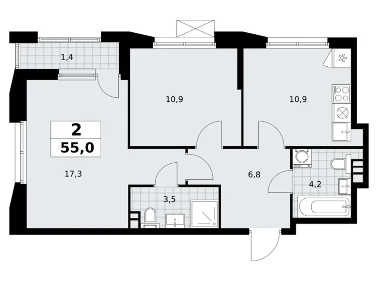 2 room apartment 55 m² poselenie Sosenskoe, Russia