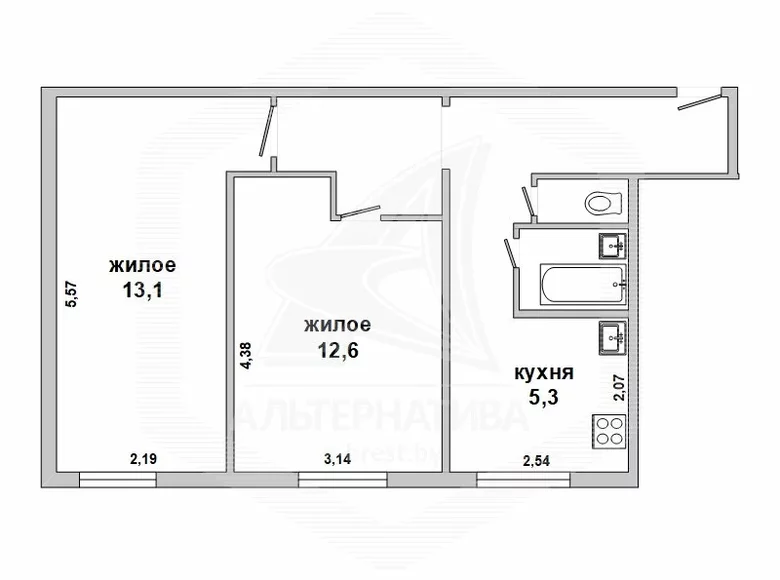 Appartement 2 chambres 44 m² Brest, Biélorussie