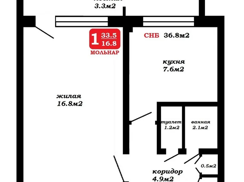 1 room apartment 34 m² Minsk, Belarus