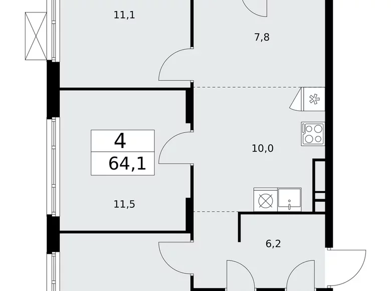4 room apartment 64 m² poselenie Desenovskoe, Russia