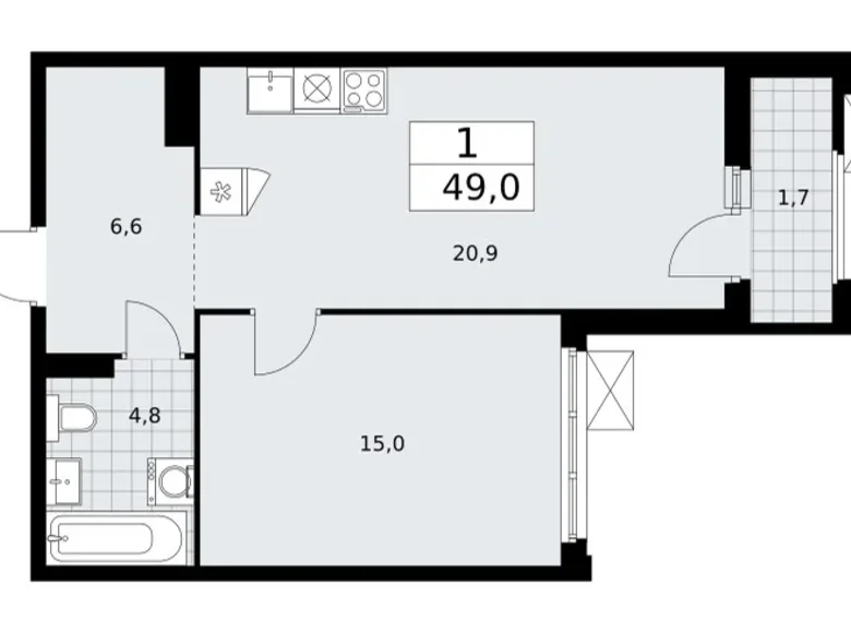 1 room apartment 49 m² Troitsk, Russia