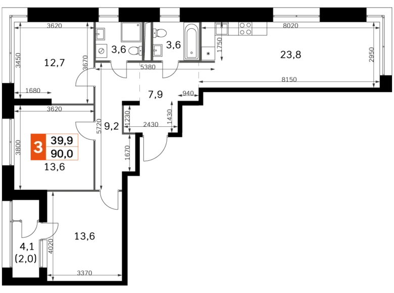 3 room apartment 87 m² Moscow, Russia