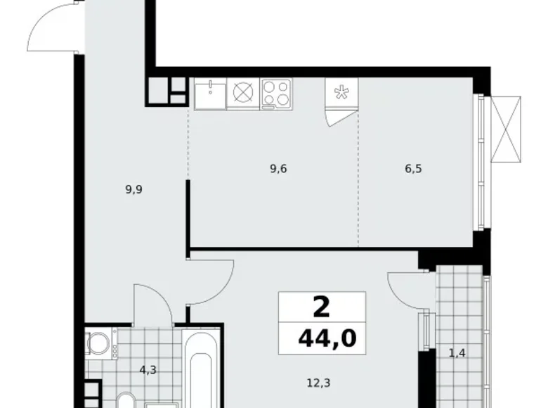 2 room apartment 44 m² Moscow, Russia