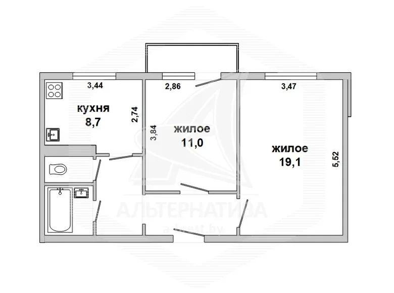 2 room apartment 52 m² Pruzhany, Belarus