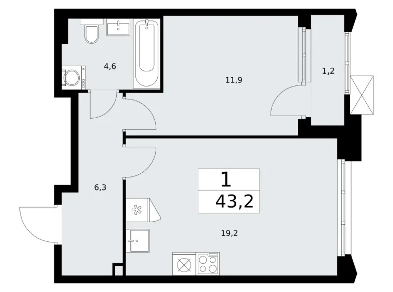 Квартира 1 комната 43 м² район Троицк, Россия