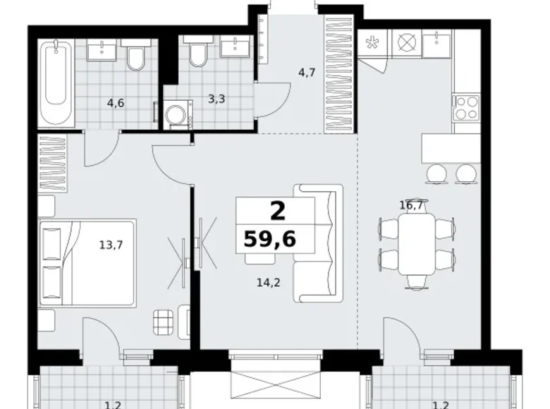 2 room apartment 60 m² Kommunarka, Russia
