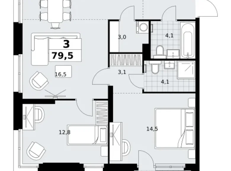 3 room apartment 80 m² Kommunarka, Russia