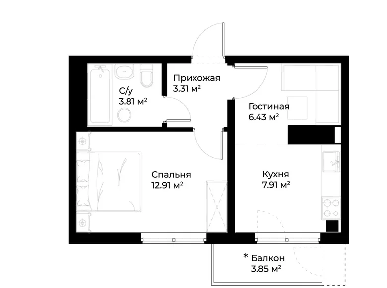 Квартира 1 комната 36 м² Ташкент, Узбекистан