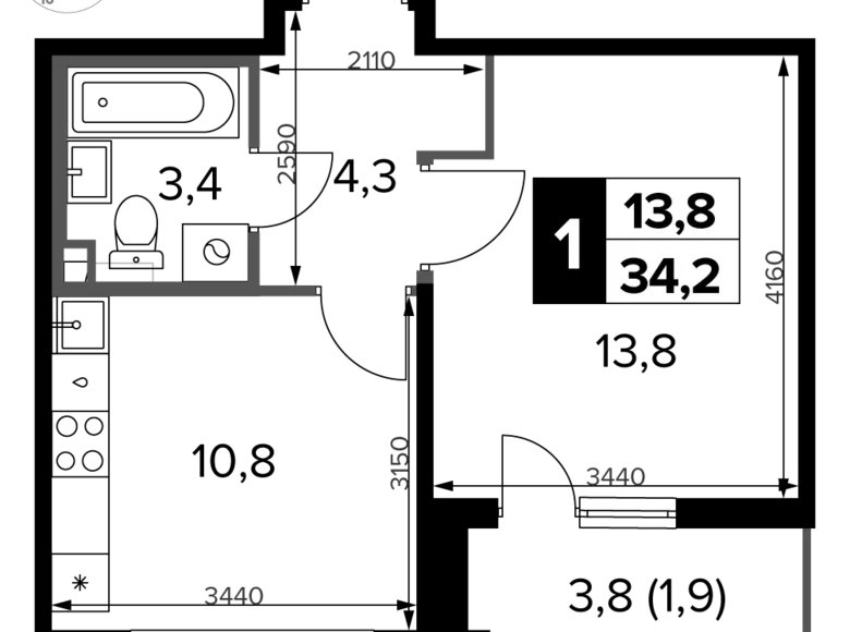 1 room apartment 34 m² Potapovo, Russia