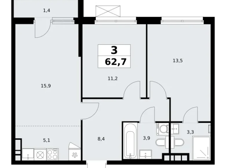 3 room apartment 63 m² poselenie Sosenskoe, Russia