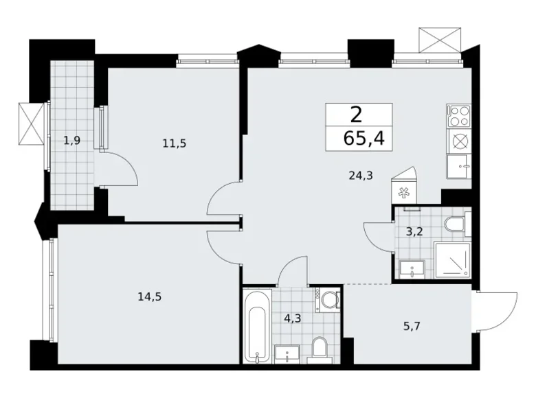 Mieszkanie 2 pokoi 65 m² Troick, Rosja