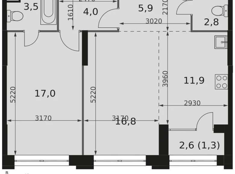 2 room apartment 63 m² North-Western Administrative Okrug, Russia