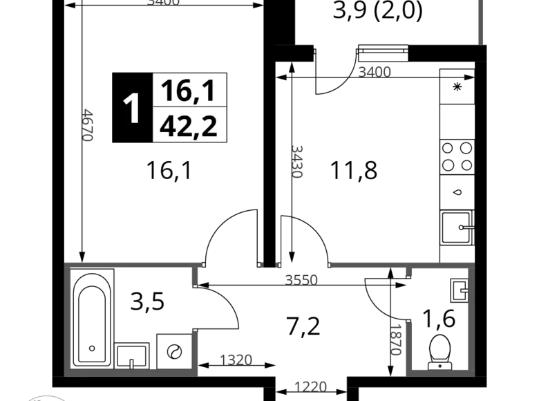 Квартира 1 комната 42 м² Ленинский район, Россия