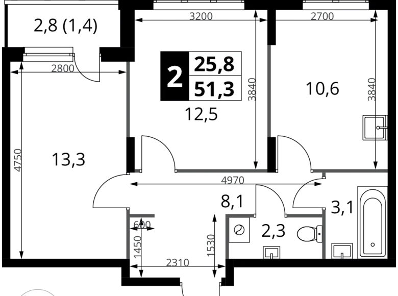 2 room apartment 51 m² Potapovo, Russia