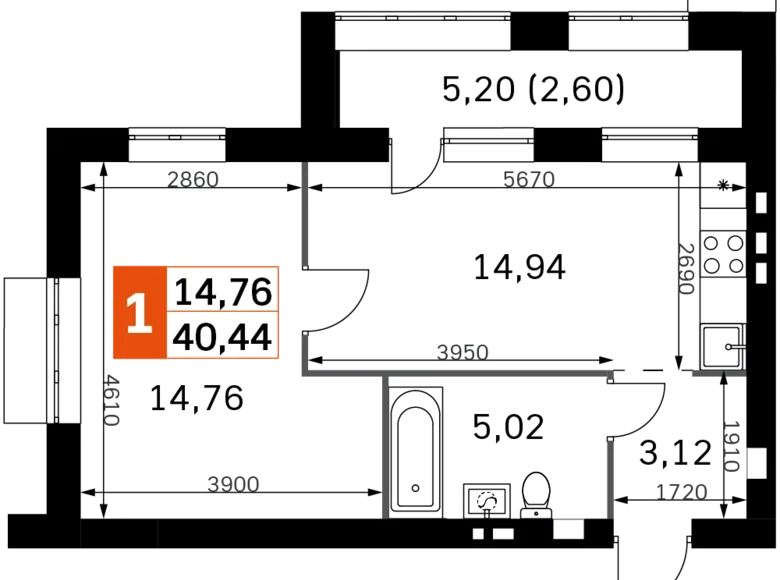 Квартира 1 комната 40 м² Одинцовский городской округ, Россия