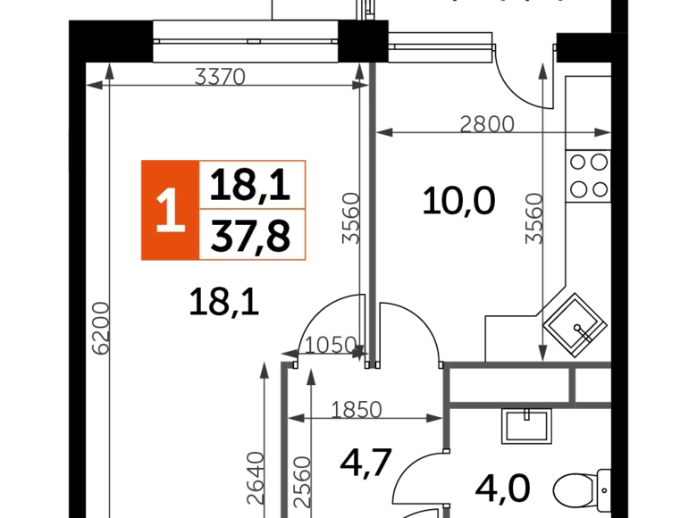 1 room apartment 38 m² Veshki, Russia