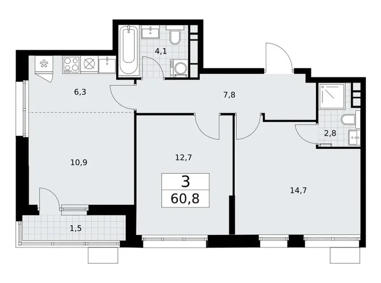 3 room apartment 61 m² Vnukovo, Russia