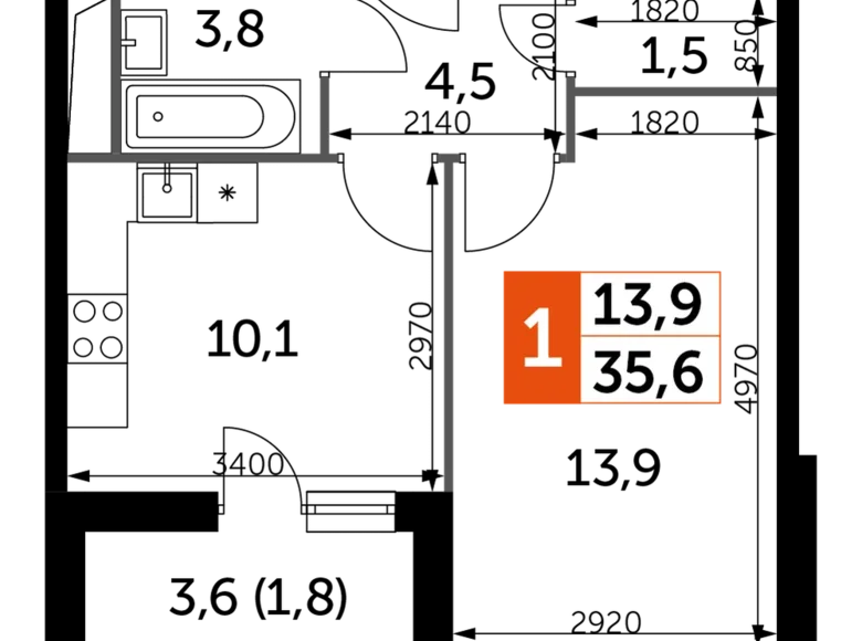 Mieszkanie 1 pokój 36 m² Razvilka, Rosja