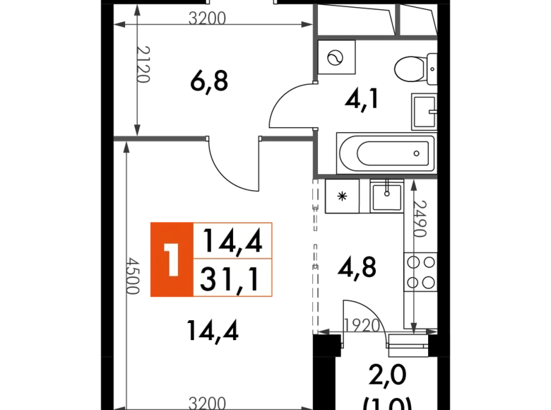 Студия 1 комната 31 м² Развилка, Россия