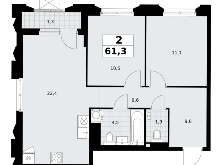 Appartement 2 chambres 61 m² Troïtsk, Russie