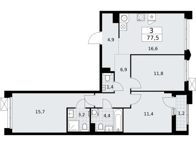3 room apartment 78 m² Troitsk, Russia
