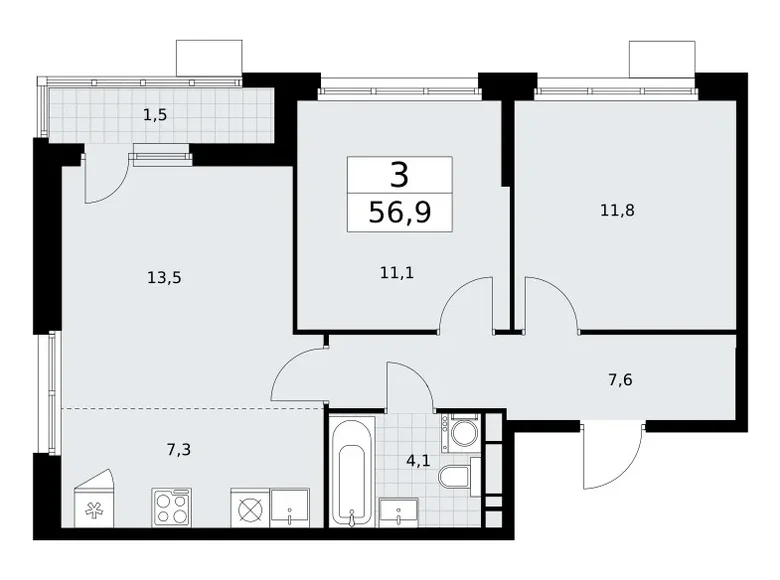 3 room apartment 57 m² Vnukovo, Russia