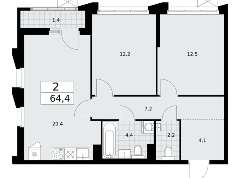 Mieszkanie 2 pokoi 64 m² Troick, Rosja