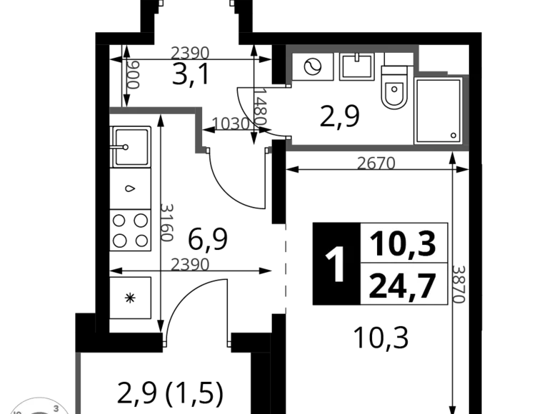 1 room apartment 25 m² South-Western Administrative Okrug, Russia