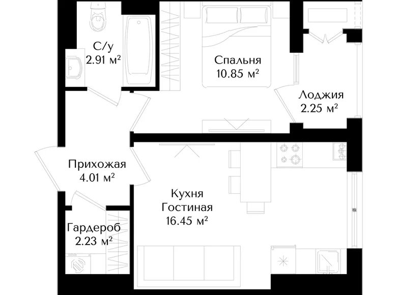 Kvartira 1 xona 39 m² Toshkentda