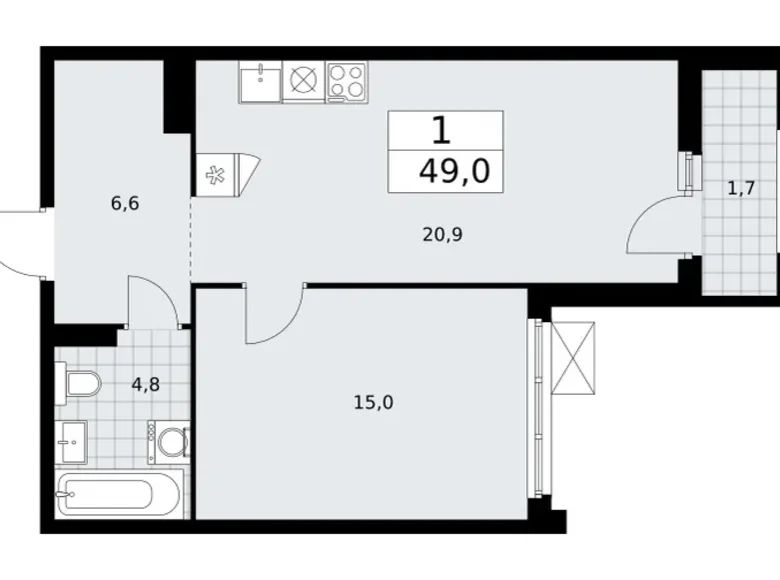 Квартира 1 комната 49 м² район Троицк, Россия