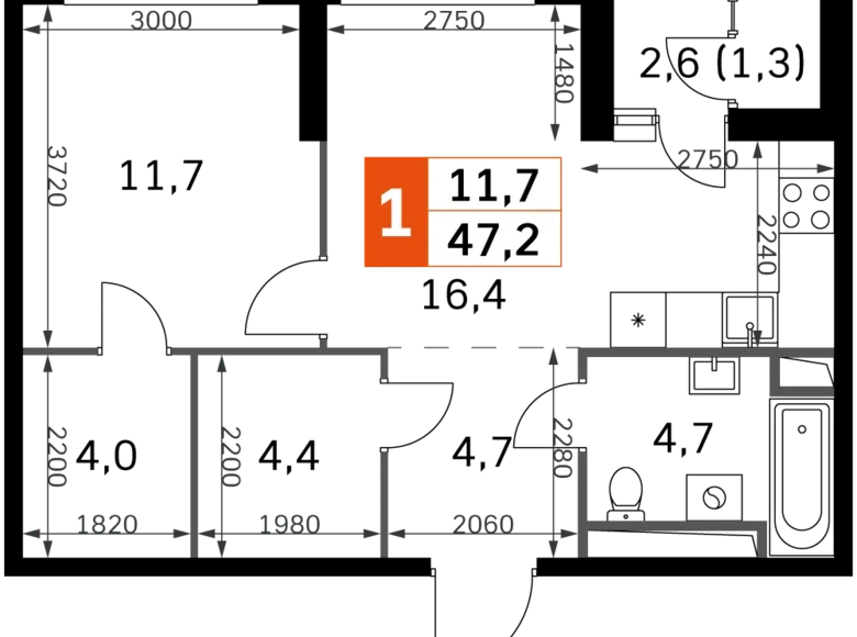 Квартира 1 комната 47 м² Москва, Россия