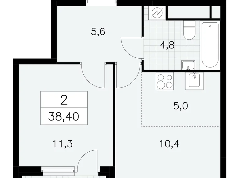 2 room apartment 38 m² South-Western Administrative Okrug, Russia