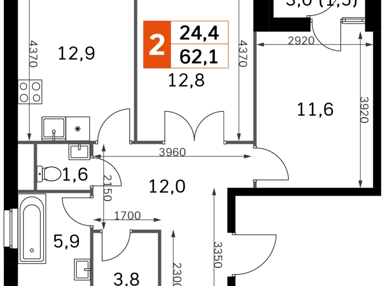 2 room apartment 62 m² Moscow, Russia