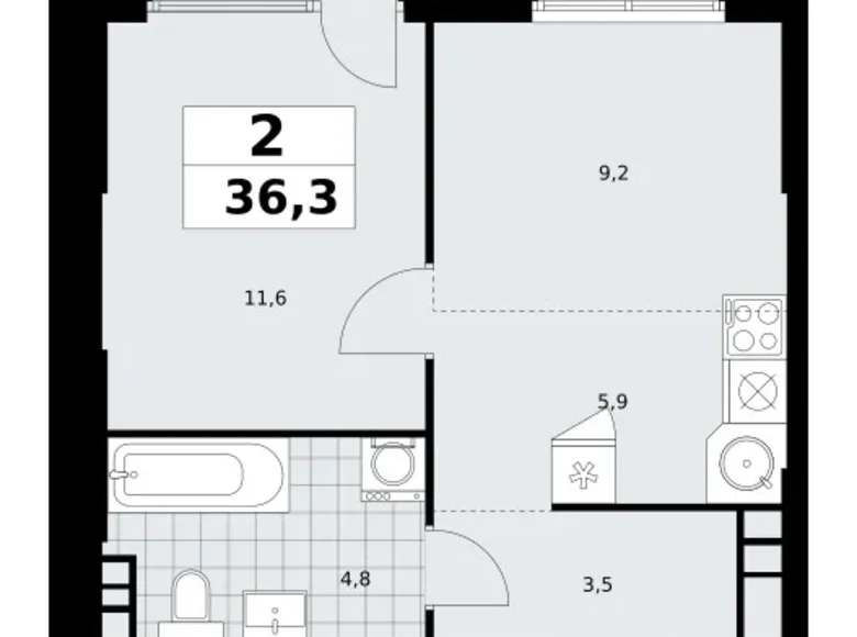 2 room apartment 36 m² South-Western Administrative Okrug, Russia