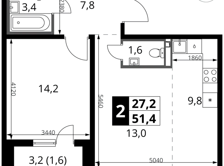 2 room apartment 51 m² Potapovo, Russia