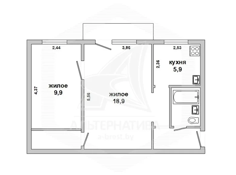 2 room apartment 43 m² Brest, Belarus