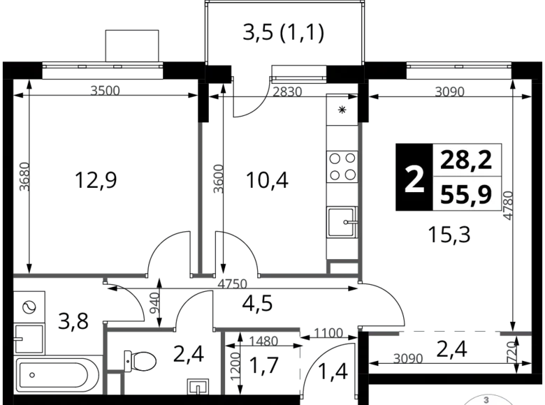 2 room apartment 56 m² Khimki, Russia