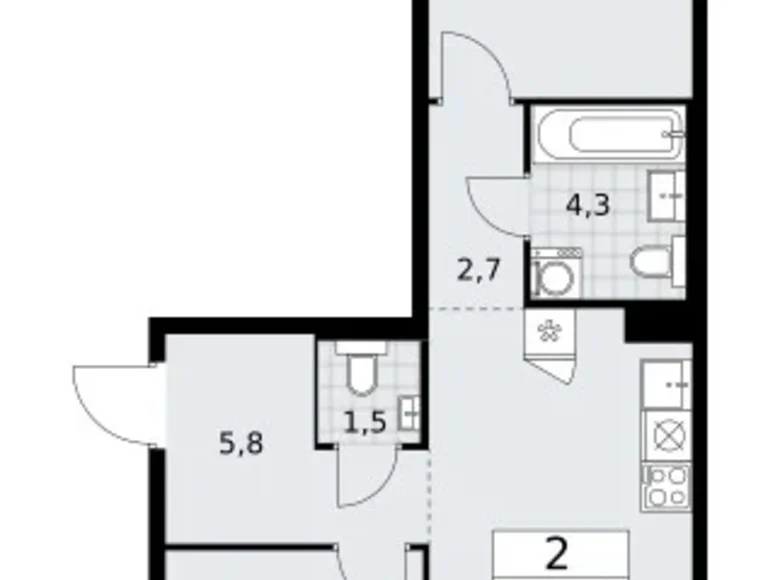 2 room apartment 58 m² Troitsk, Russia