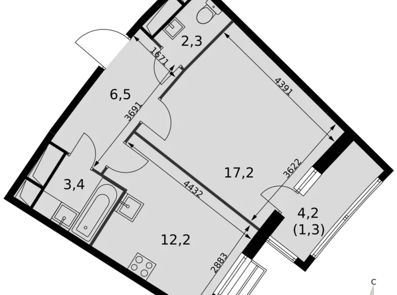 Квартира 1 комната 43 м² Развилка, Россия