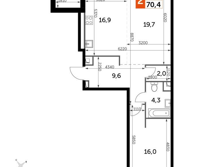 2 room apartment 70 m² North-Western Administrative Okrug, Russia