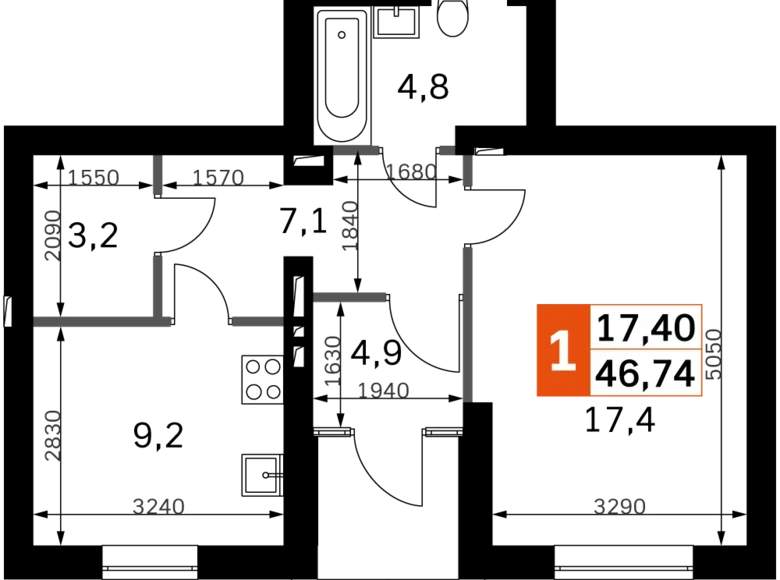 Mieszkanie 1 pokój 52 m² Naro-Fominskiy gorodskoy okrug, Rosja